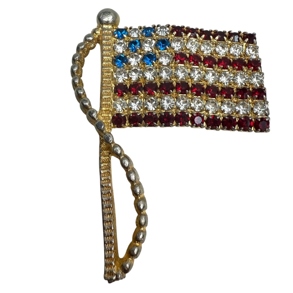 VTG Rafaelian American Flag Rhinestone Brooch Pin Patriotic USA Jewelry 1 7/8 in